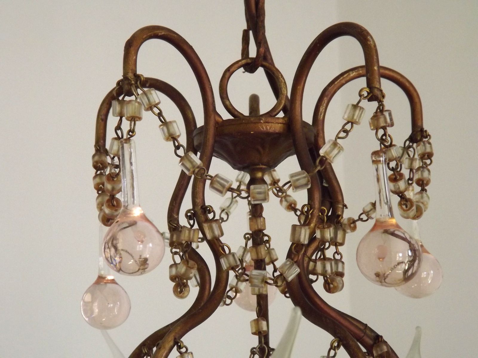 Vintage Italian 5 Arm Gilded Metal Cage Chandelier Seed Bead Swags & Pale Pink Murano Drops photo vintage