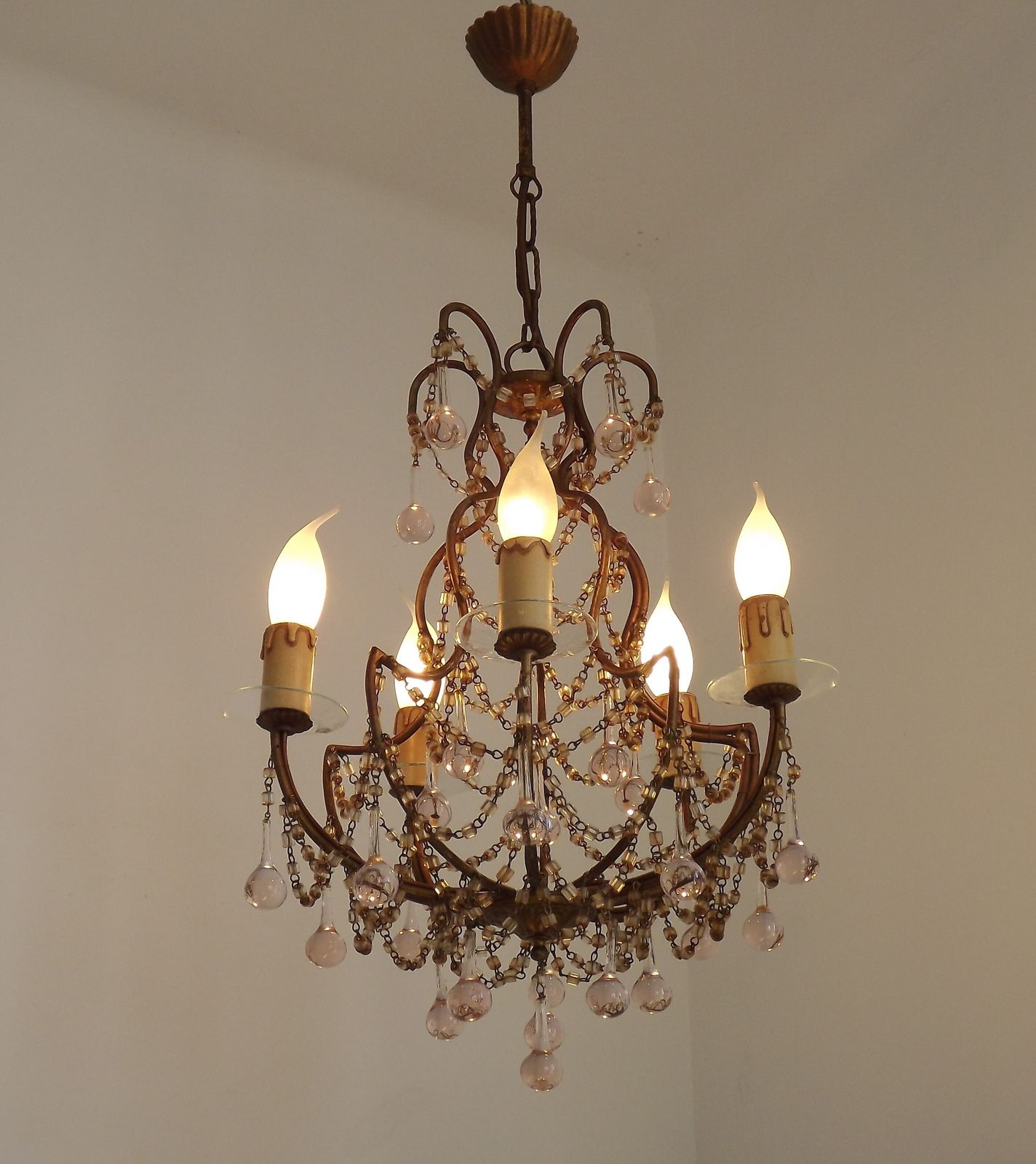 Vintage Italian 5 Arm Gilded Metal Cage Chandelier Seed Bead Swags & Pale Pink Murano Drops photo Lighting