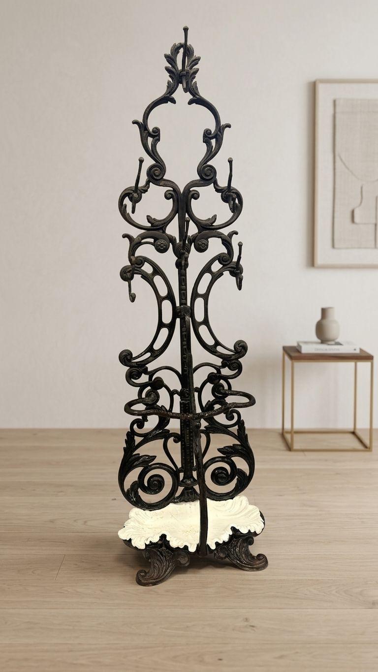 Antique Cast Iron Hall Stand, Victorian Coat Rack With Marble Base, Ornate Hall Tree, 19th Century photo for sale