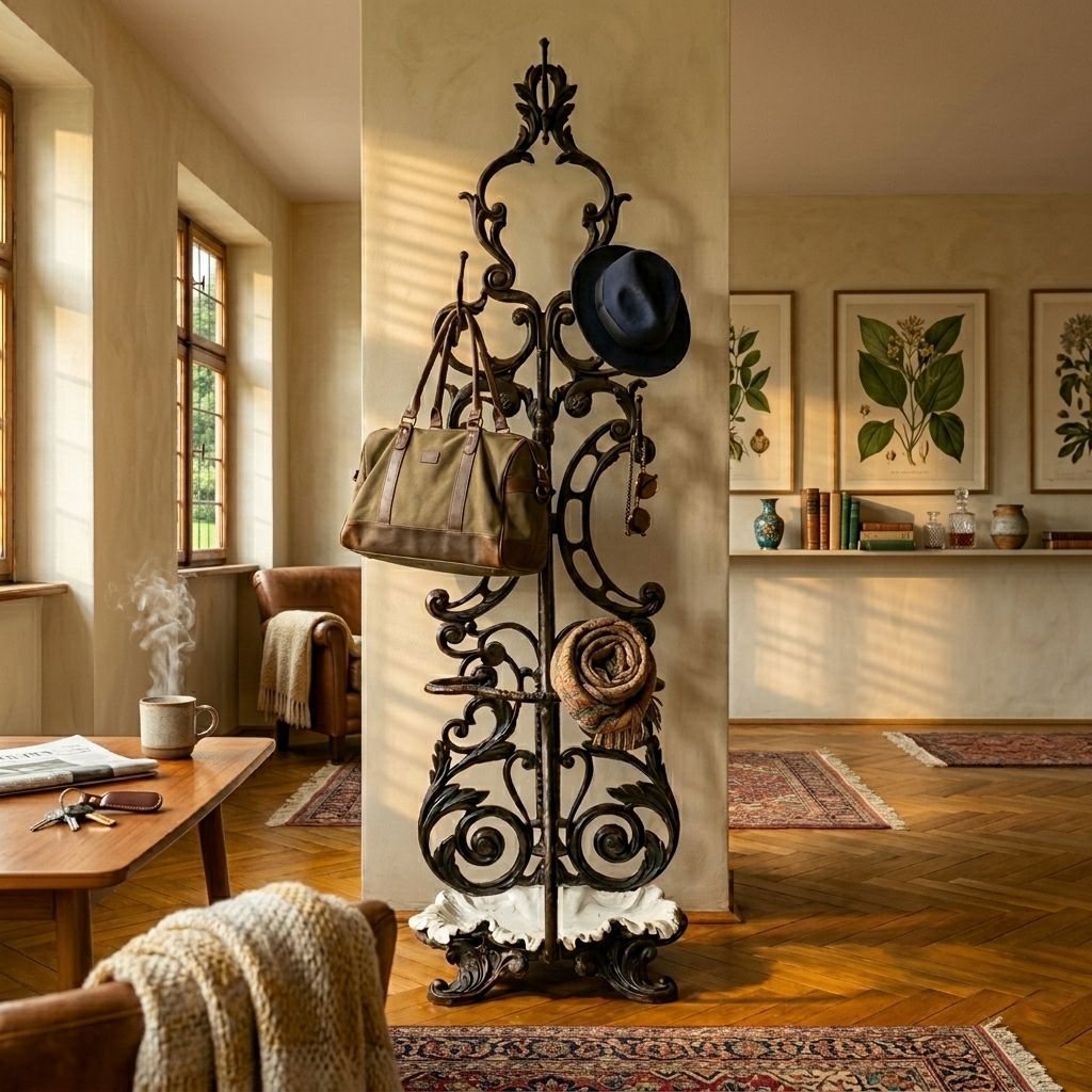 Antique Cast Iron Hall Stand, Victorian Coat Rack With Marble Base, Ornate Hall Tree, 19th Century photo vintage