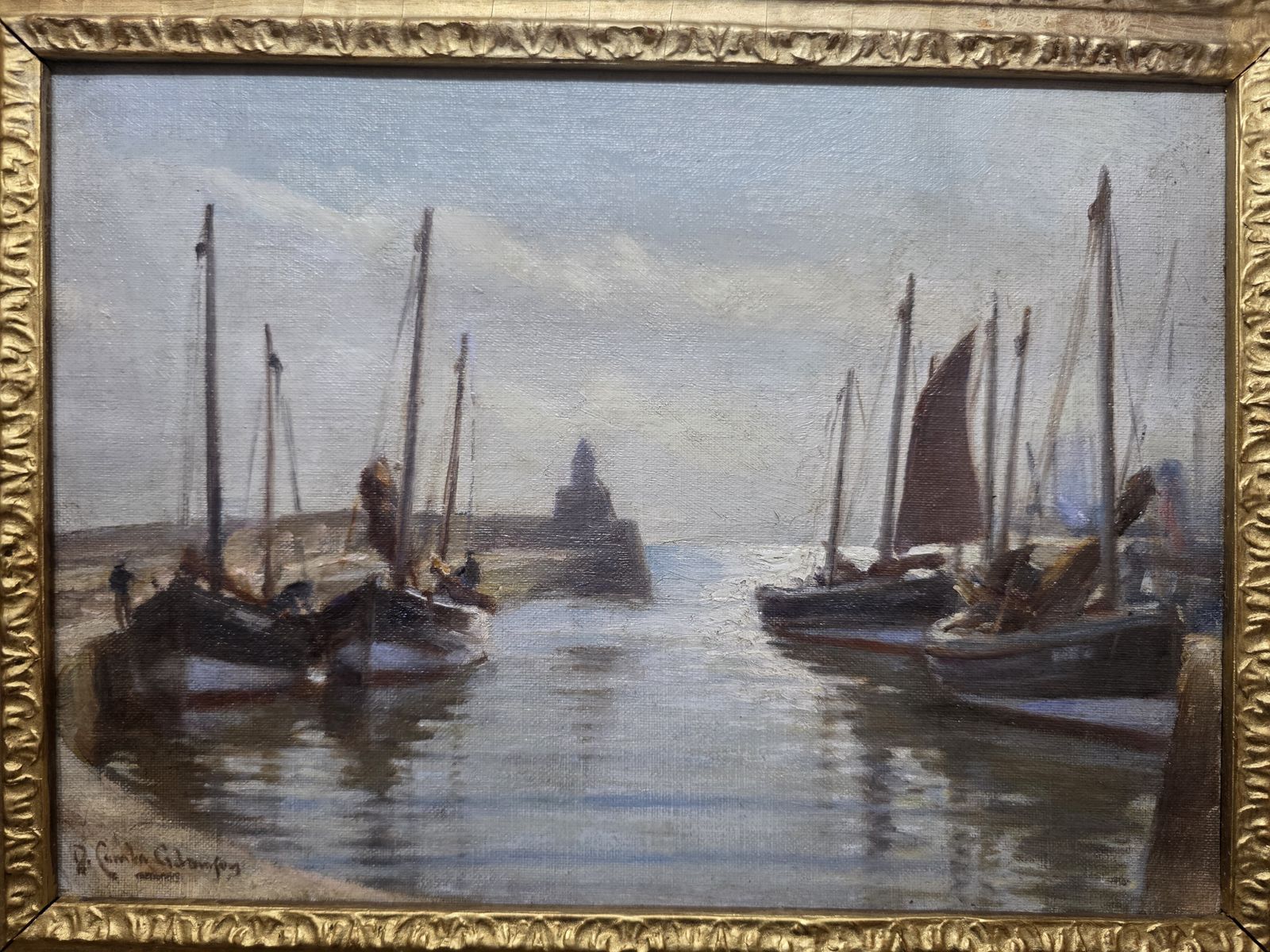 David Comba Adamson 1859–1926 Signed Harbour Oil Painting (Possibly Breton) – Paris Trained Scottish Artist photo Art