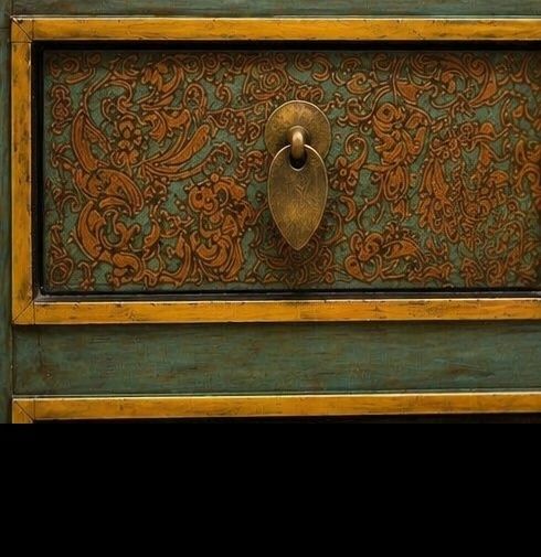 Chinese Green & Gilt Lacquer Cabinet With Hand Painted Panels photo for sale