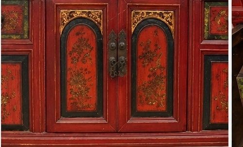 Large Chinese Red Lacquer Wedding Cabinet With Gilt Figural Panels photo Furniture