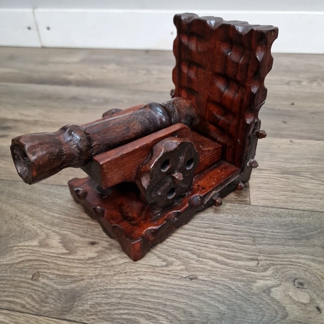 Home Decor Retro Vintage Pair Bookends Carved Wooden Cannon – Nautical Military Decorative photo