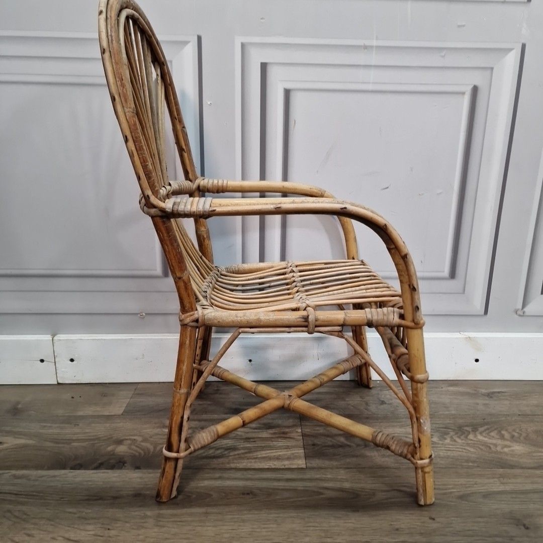 Retro Vintage Childs Chair Small Rattan Mid Century Seat Boho Tiki Bamboo Doll photo for sale