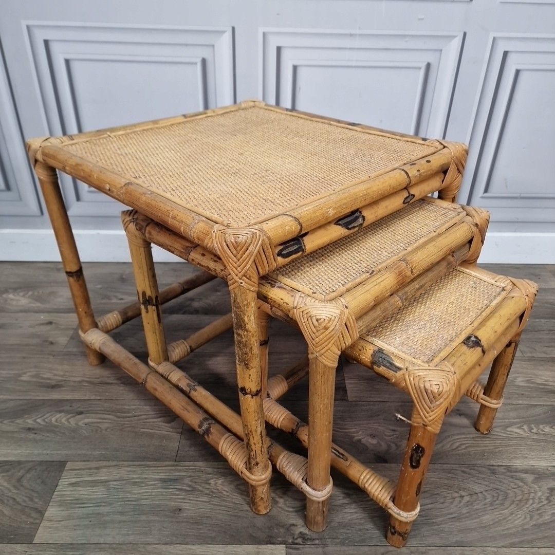 Vintage Nest Of Tables Bamboo & Rattan – Boho Mid Century Cane Side Table Nested photo furniture