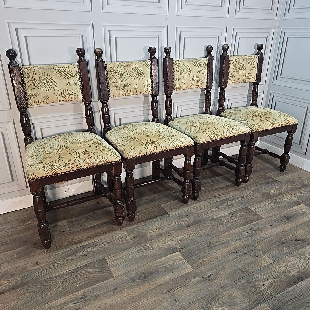 Antique Oak Dining Chairs Set 4 Upholstered Seats Turned Wood Carolean Style photo furniture
