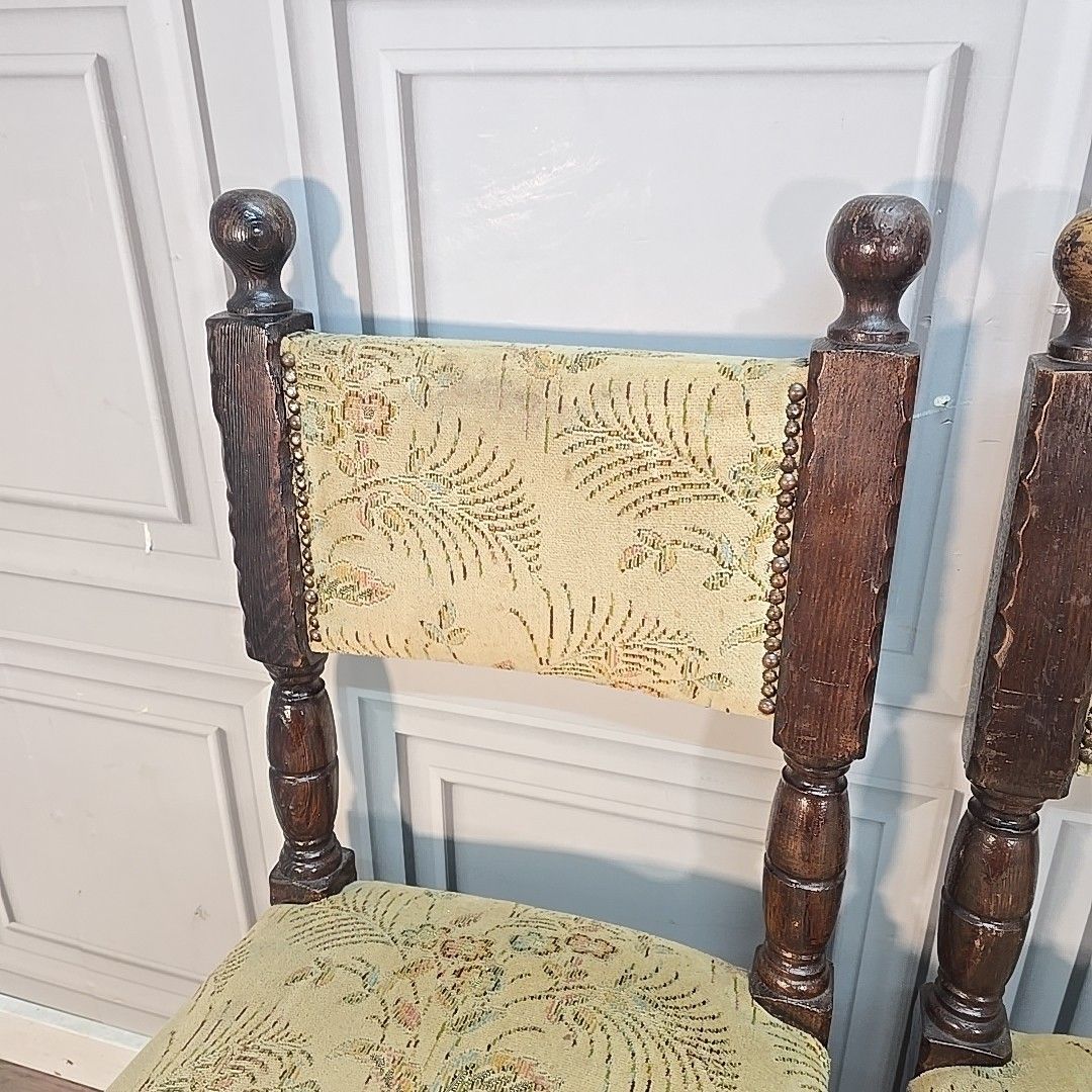 Antique Oak Dining Chairs Set 4 Upholstered Seats Turned Wood Carolean Style photo Furniture
