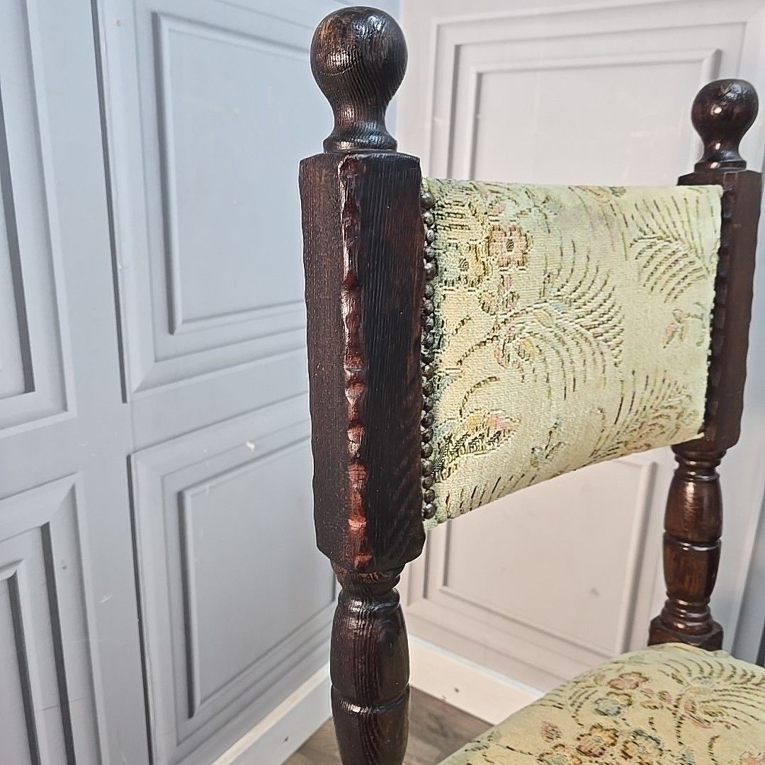 photo buy Antique Oak Dining Chairs Set 4 Upholstered Seats Turned Wood Carolean Style
