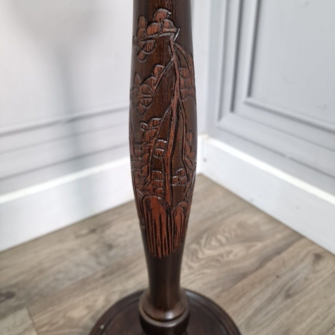 Vintage Ashtray Plant Stand Mid Century Carved Hardwood – Oriental Figural Scene photo Home Decor
