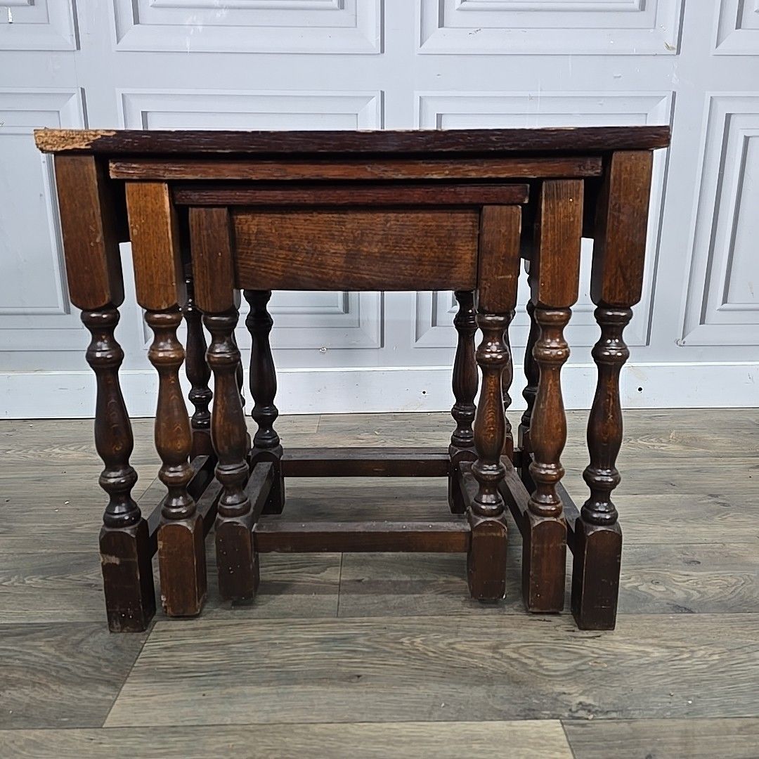 Vintage Nest Of Tables 3 Oak Wooden Coffee Side Lamp Turned Wood Retro Nesting photo for sale