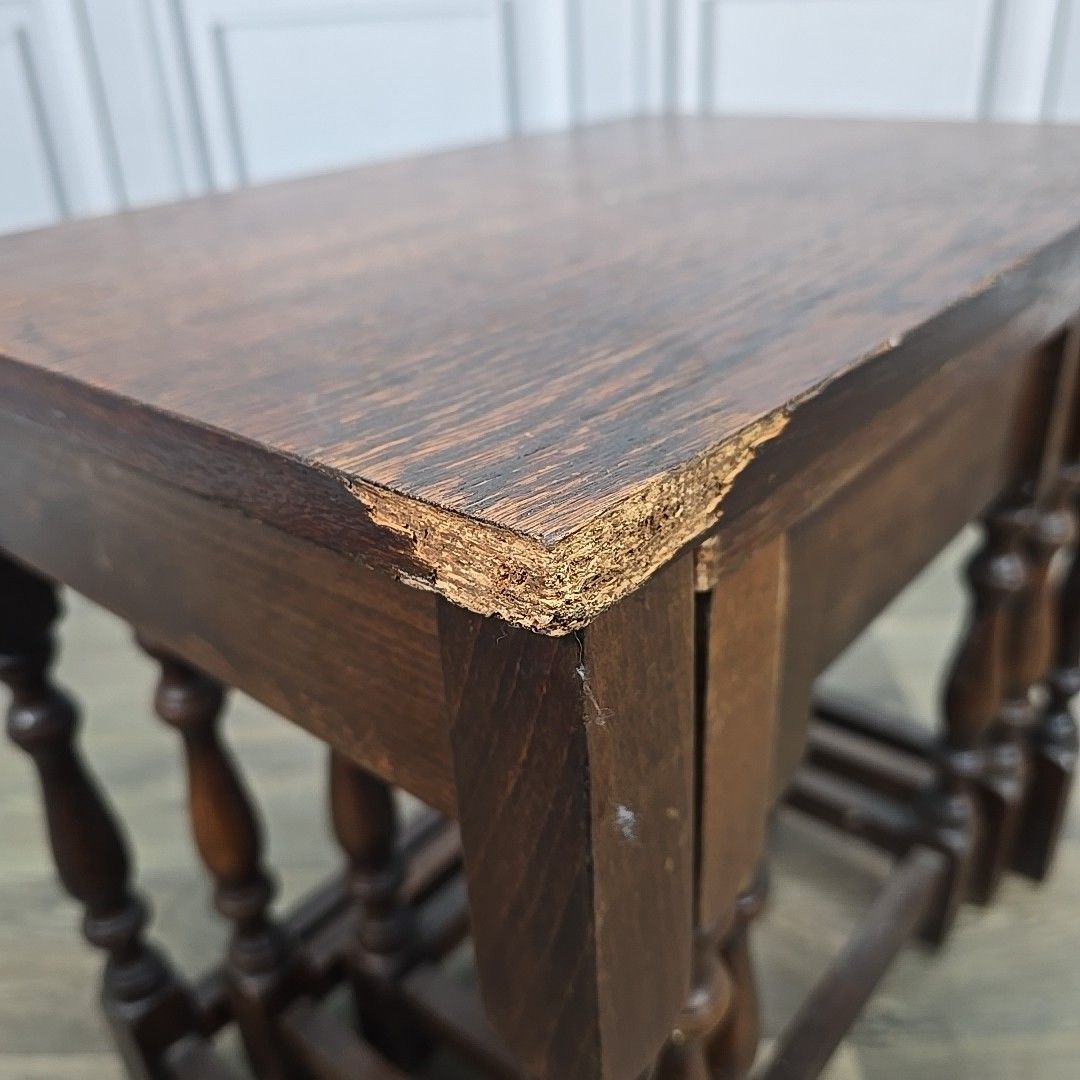 Vintage Nest Of Tables 3 Oak Wooden Coffee Side Lamp Turned Wood Retro Nesting photo vinterior
