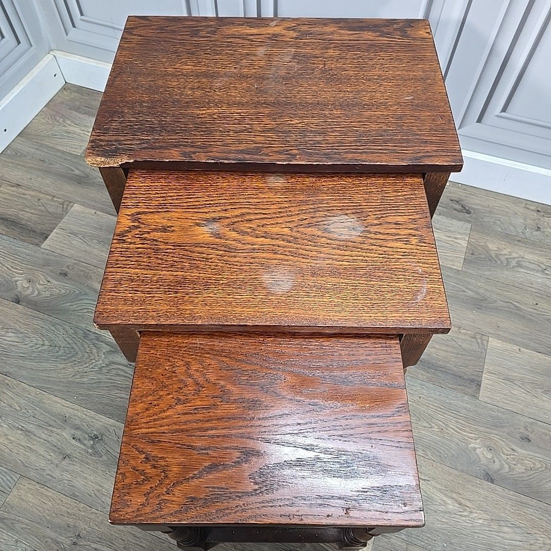 photo buy Vintage Nest Of Tables 3 Oak Wooden Coffee Side Lamp Turned Wood Retro Nesting