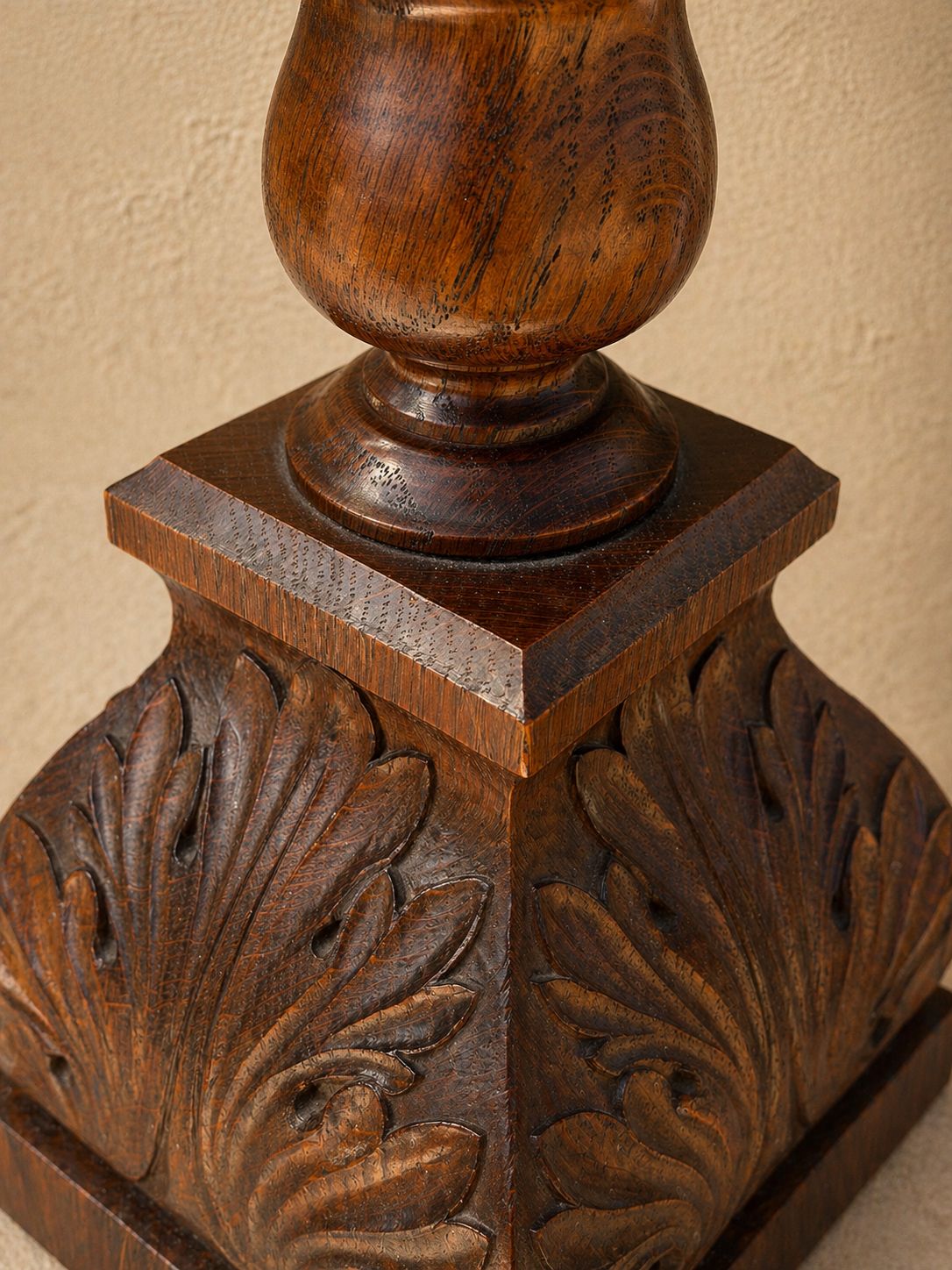 Carved Oak Table Lamp Base With Stylised Leaf Motif – Arts & Crafts Influence. photo furniture