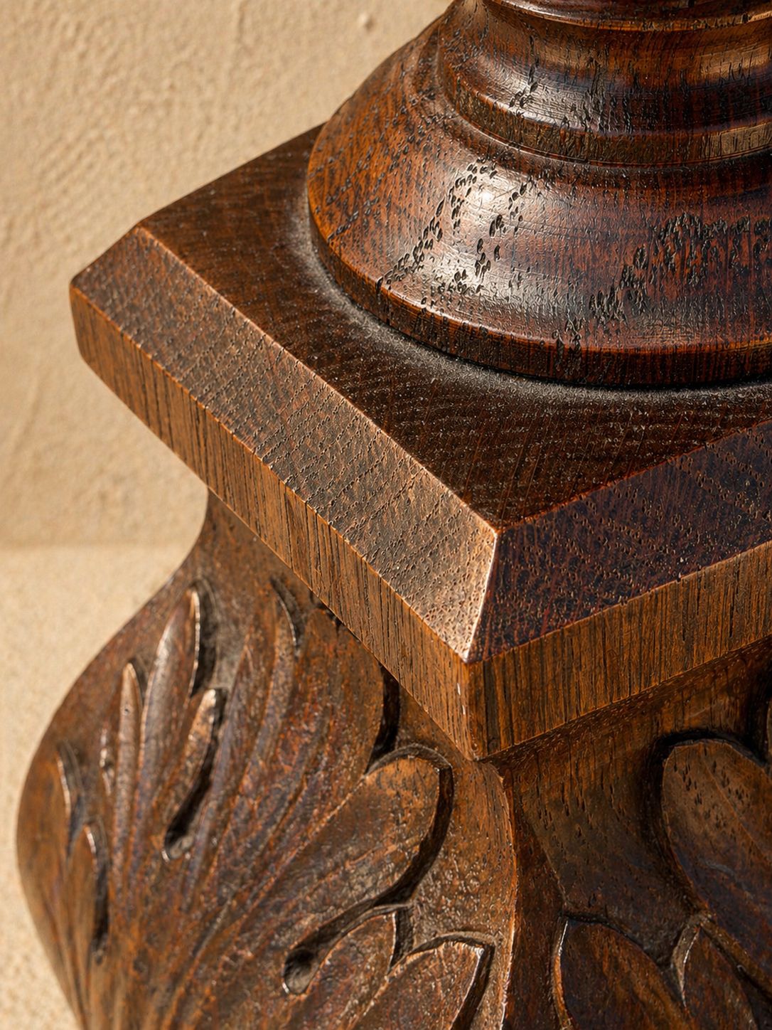 Carved Oak Table Lamp Base With Stylised Leaf Motif – Arts & Crafts Influence. photo Lighting