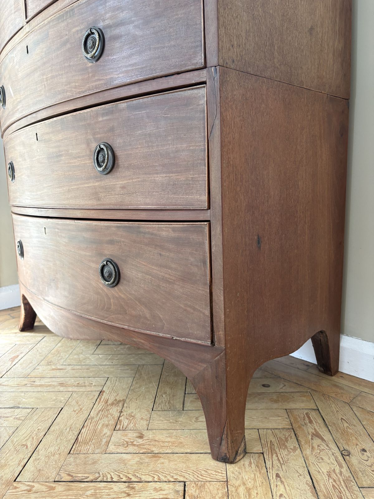 photo for sale Antique Mahogany Bow Fronted Chest Of Drawers ( Separated Into Two Parts )