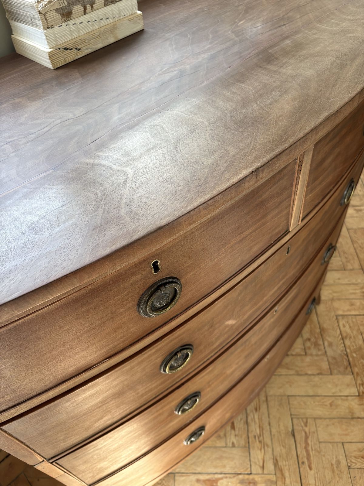 Furniture Antique Mahogany Bow Fronted Chest Of Drawers ( Separated Into Two Parts ) photo