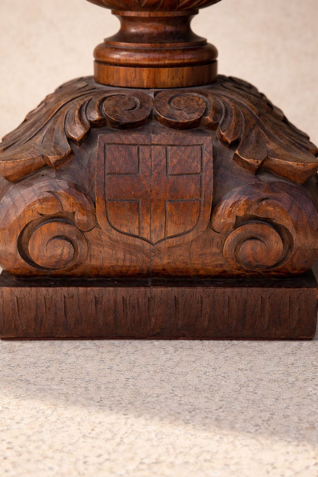 Carved Oak Table Lamp Base With Heraldic Shield – Mid Century / Gothic Revival I photo for sale
