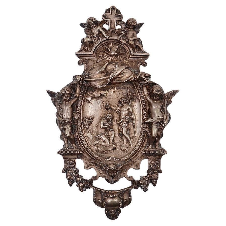 Holy Water Font Depicting "The Baptism Of Christ" In Silver Plated Copper   19th