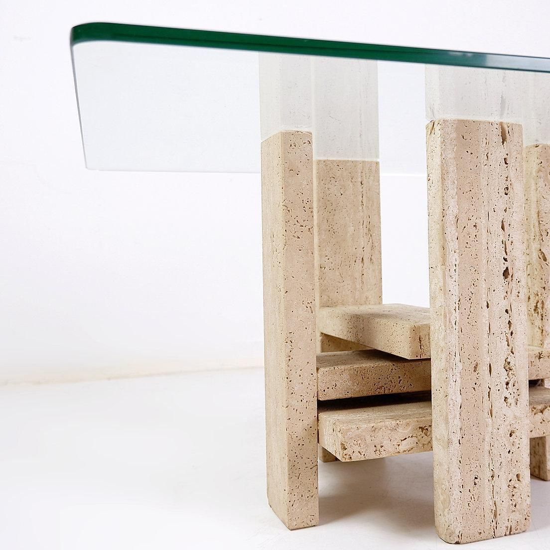 Glass And Travertine Square Coffee Table By Willy Ballez, 1970s (60x60cm) photo vinterior
