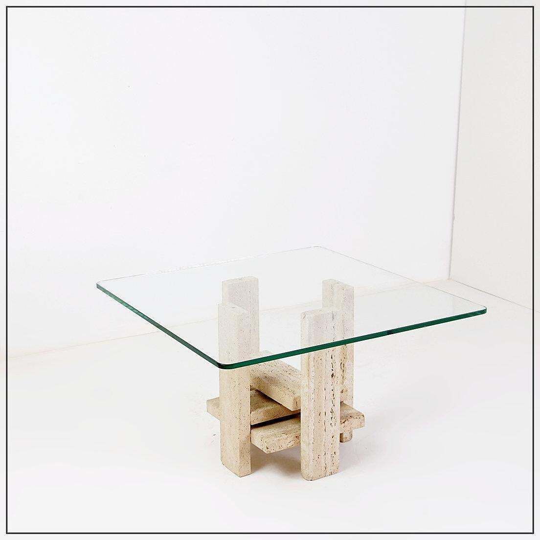 photo furniture Glass And Travertine Square Coffee Table By Willy Ballez, 1970s (60x60cm)