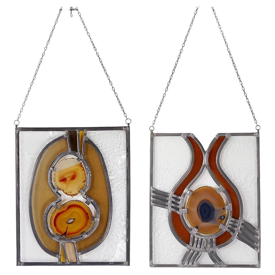 Pair Of Stained Glass Panels With Agate Slices   Circa 1980