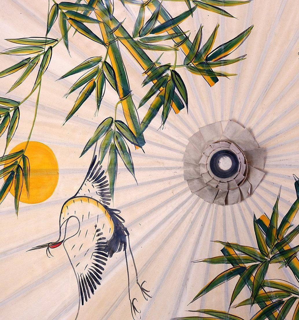 Large Handpainted Asian Parasol On Rice Paper   Chinese Cranes And Bambo ø 215cm photo vinterior