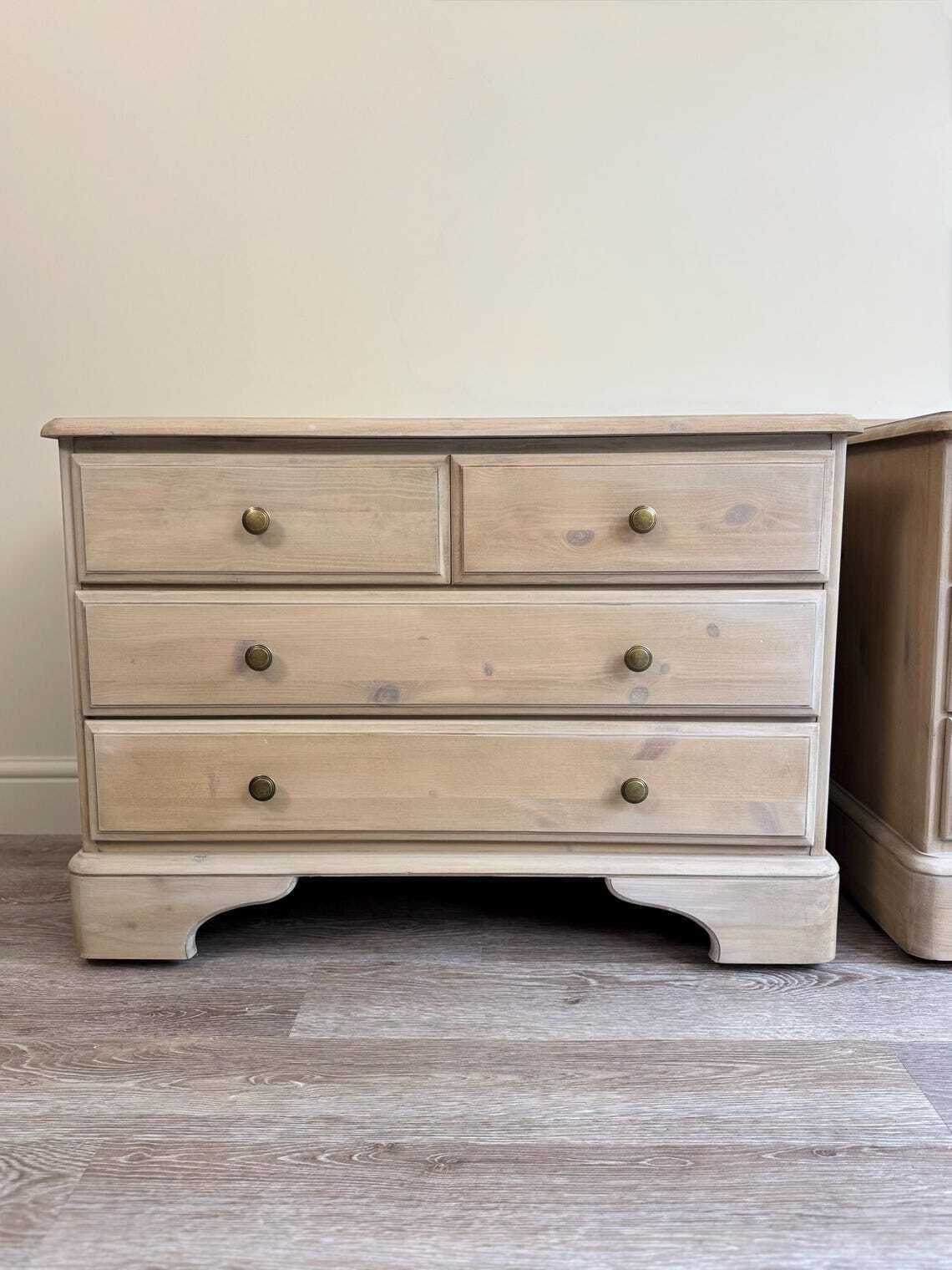 Pair Of Vintage Pine Lime Washed Chest Of Drawers With Round Handles Large Bedside Tables photo for sale