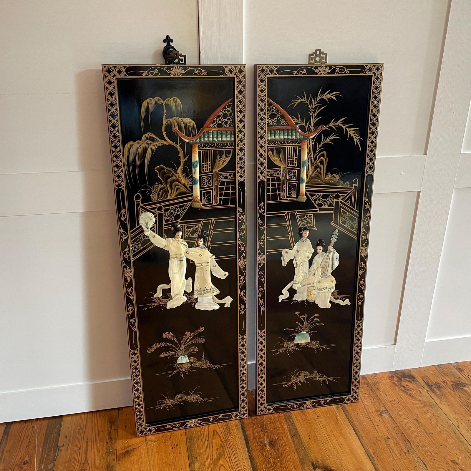 Japanese Soapstone Wall Panels Figures Black Lacquer Pair Oriental Screens Pictures Decorative Asian Wall Hanging photo furniture