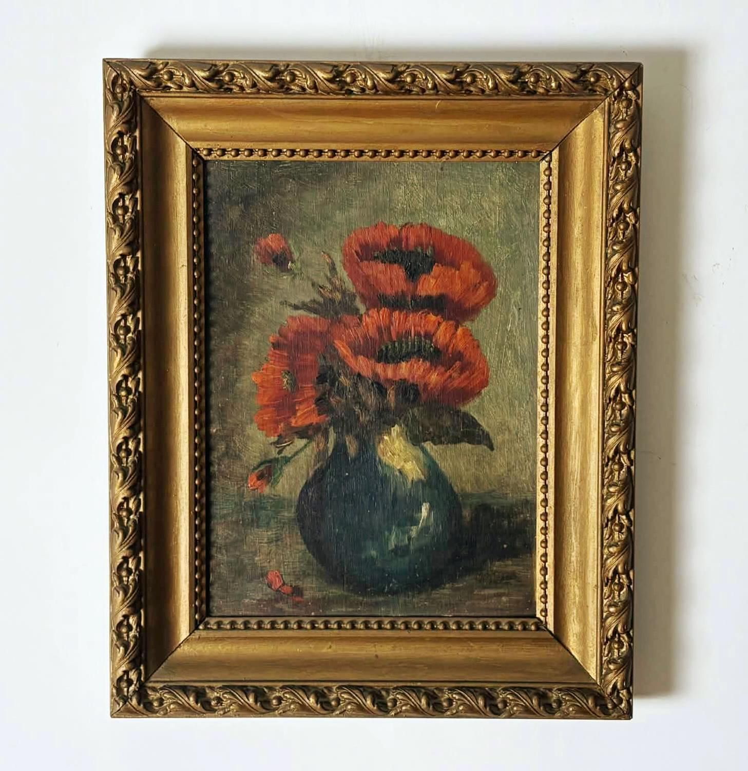 Antique Floral Oil Painting, Red Poppies In Vase With Golden Frame, Moody Antique Wall Art