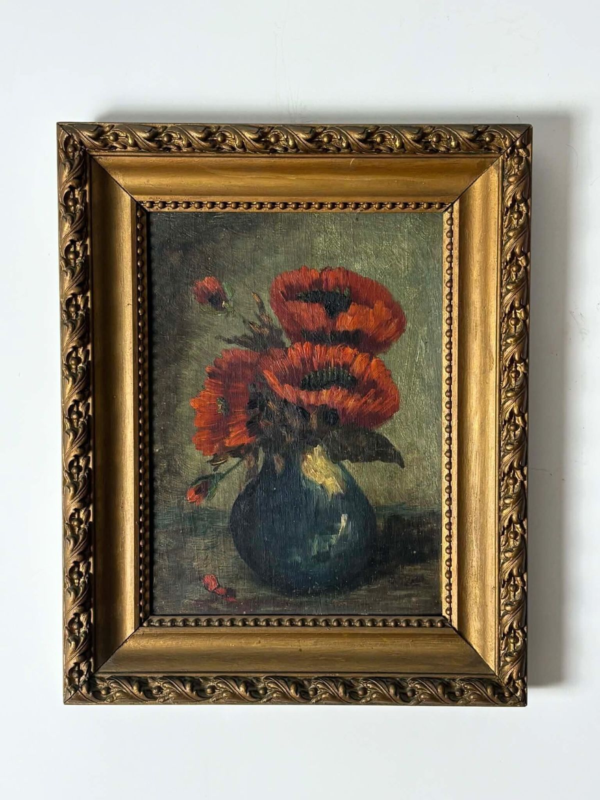 Antique Floral Oil Painting, Red Poppies In Vase With Golden Frame, Moody Antique Wall Art photo furniture
