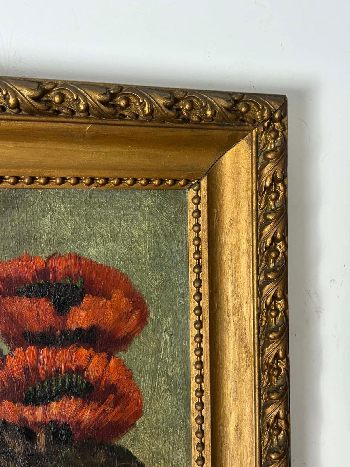 Antique Floral Oil Painting, Red Poppies In Vase With Golden Frame, Moody Antique Wall Art photo 372.0