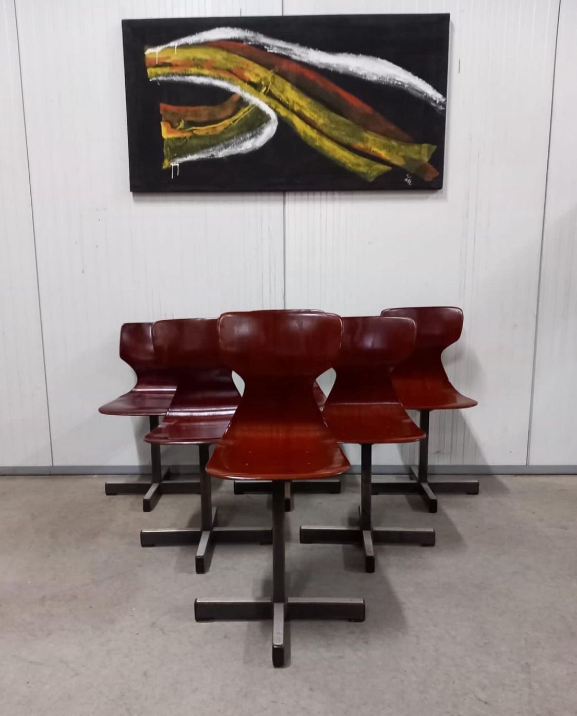 Set Van 6 Mid Century Modern Pagholz Stoelen, Gevormde Multiplex Zitting, Stalen Onderstel, Jaren 1960 photo vintage