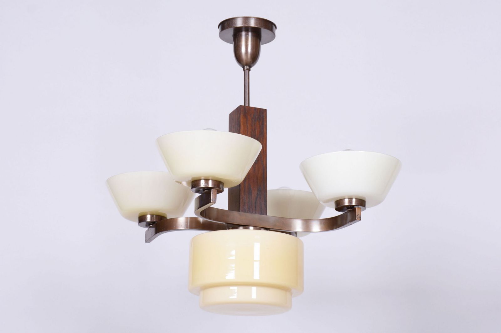 Restored Art Deco Chandelier, Oak, Brass, Opaline Glass, Czech, 1920s photo Lighting