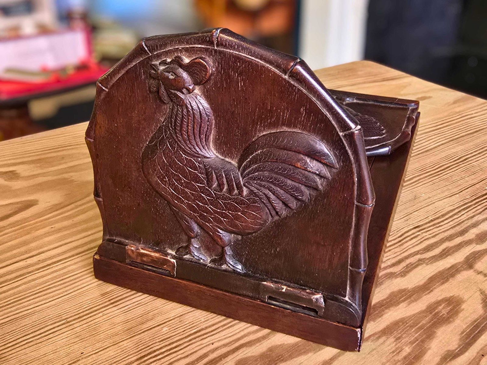 Antique Expanding Dark Wood Book Slide Roosters And Bamboo Detail