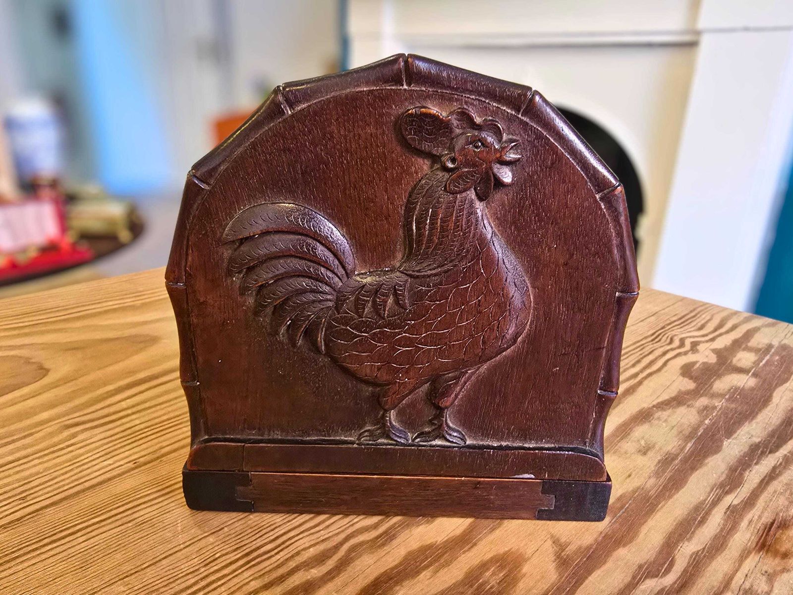 Antique Expanding Dark Wood Book Slide Roosters And Bamboo Detail photo 60.0
