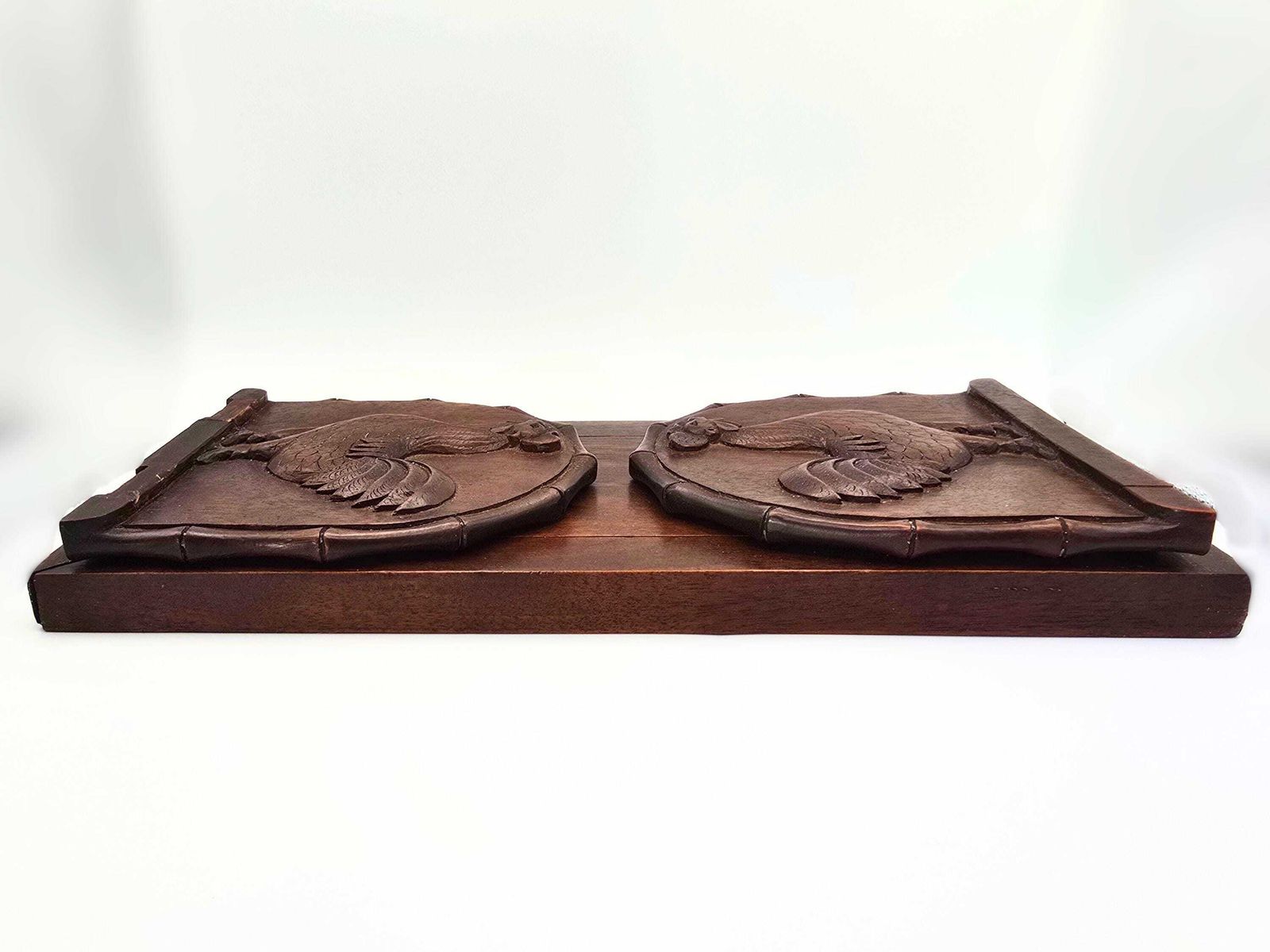 Antique Expanding Dark Wood Book Slide Roosters And Bamboo Detail photo vintage
