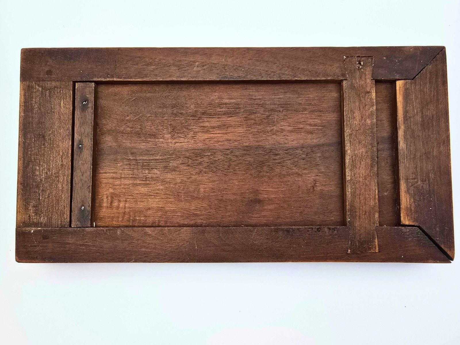 Furniture Antique Expanding Dark Wood Book Slide Roosters And Bamboo Detail photo