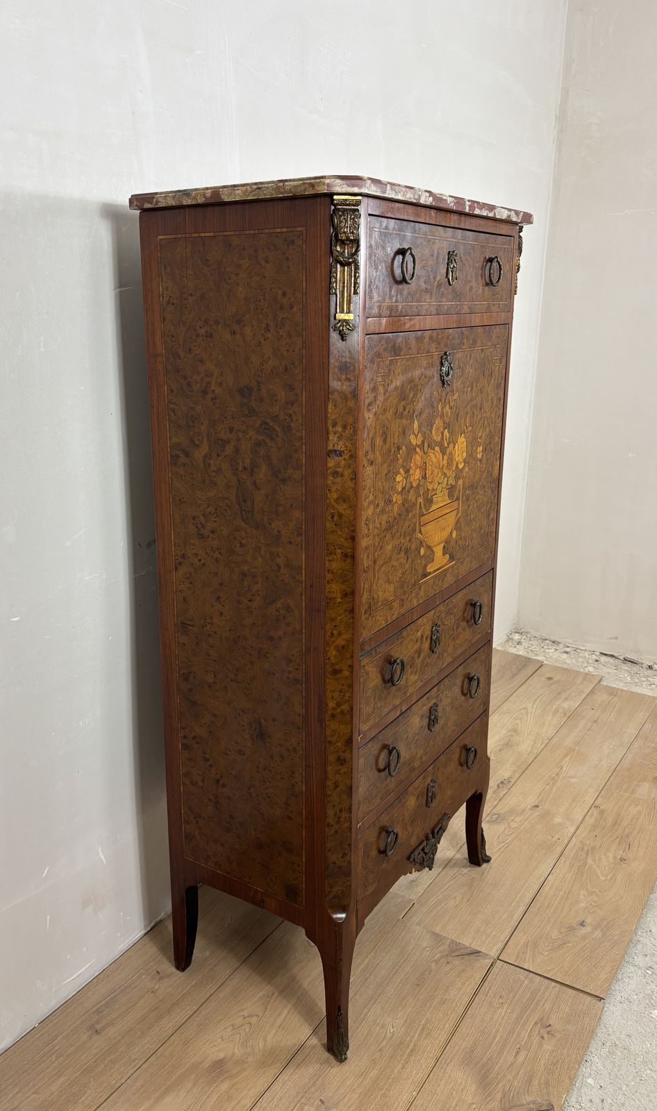 French Louis XVI Style Burl Wood Secretary Chest With Marble Top, 1930s photo vintage
