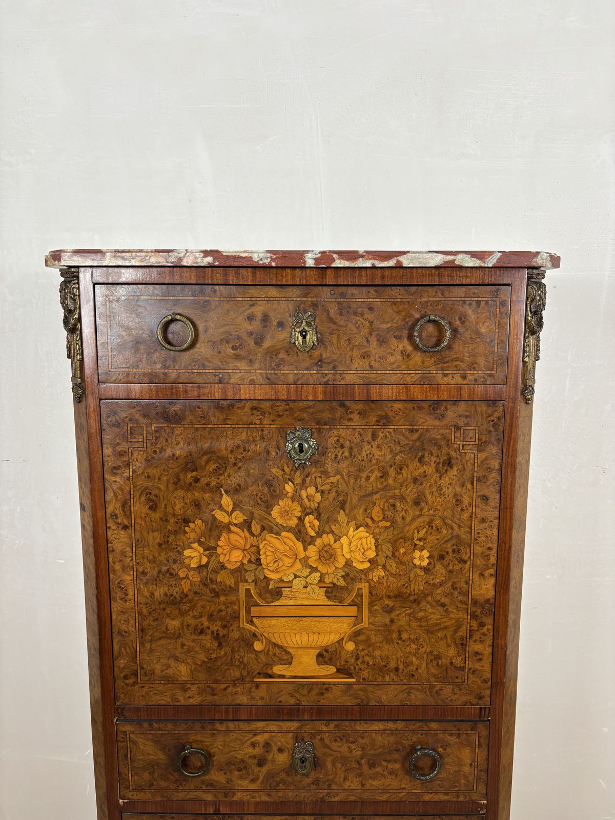 3430.0 French Louis XVI Style Burl Wood Secretary Chest With Marble Top, 1930s photo