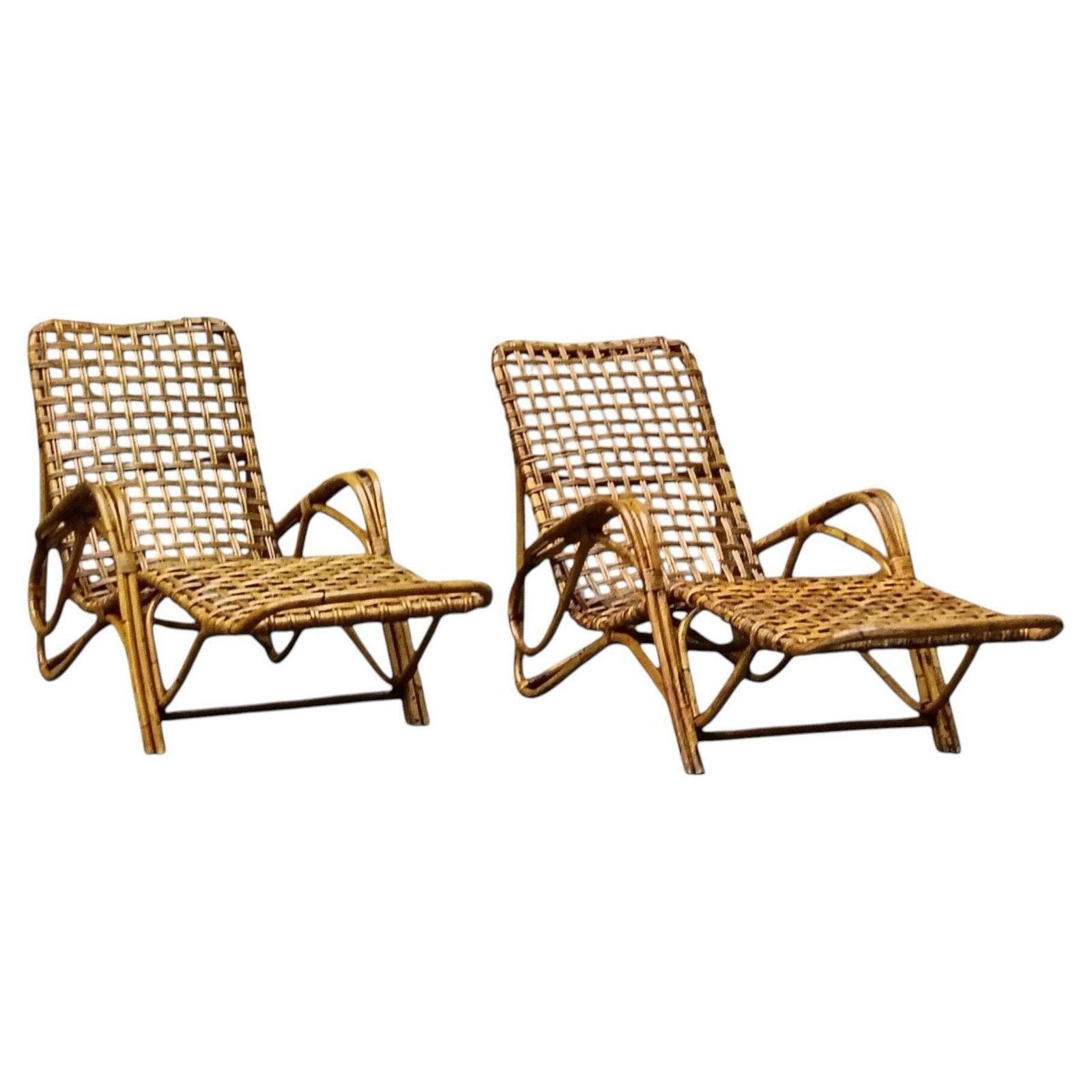 Tito Agnoli Attrib. Pair Of Rattan And Bamboo Woven Chaise Longues