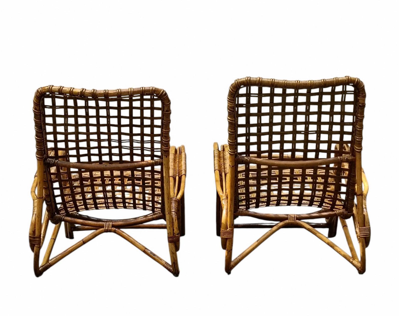 Tito Agnoli Attrib. Pair Of Rattan And Bamboo Woven Chaise Longues photo vinterior