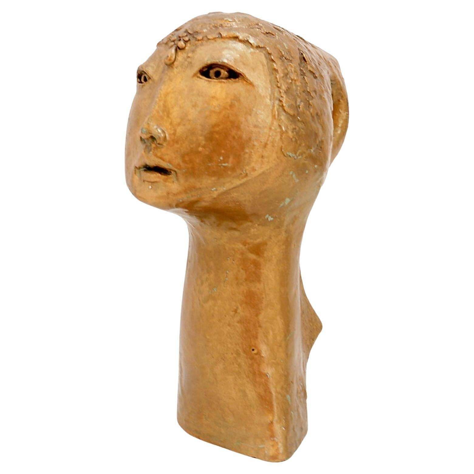 Gilded Terracotta Woman's Head Sculpture, 21st Century Tribal Art