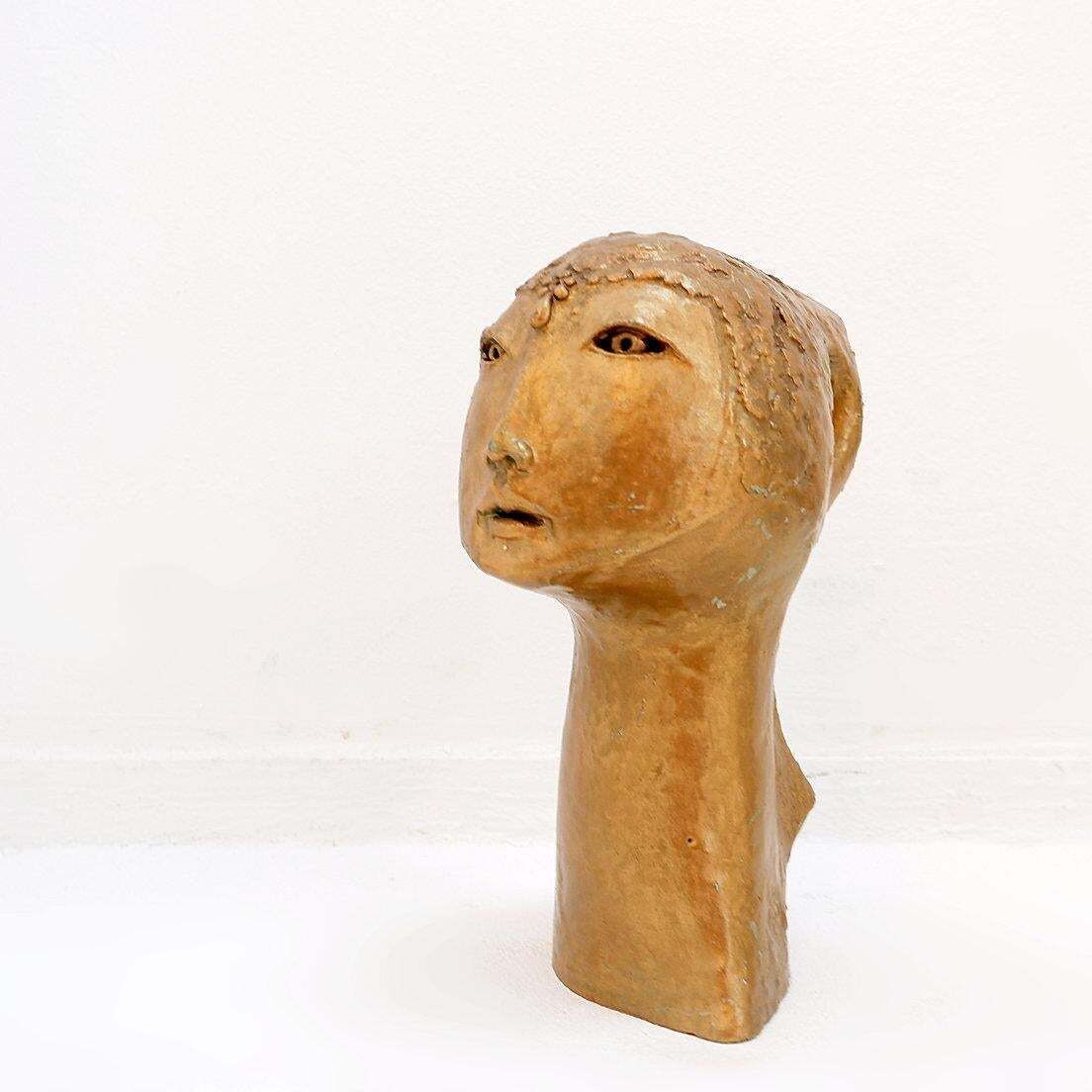 photo vintage Gilded Terracotta Woman's Head Sculpture, 21st Century Tribal Art