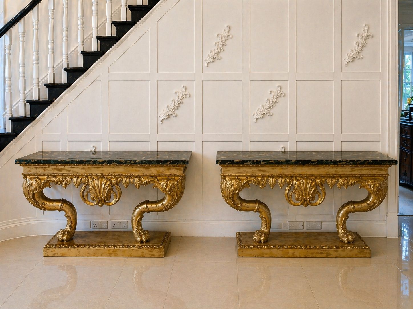 Antique Pair Of Monumental Italian Baroque Revival Giltwood Console Tables With Breccia Marble Tops And Lion’s Paw Supports