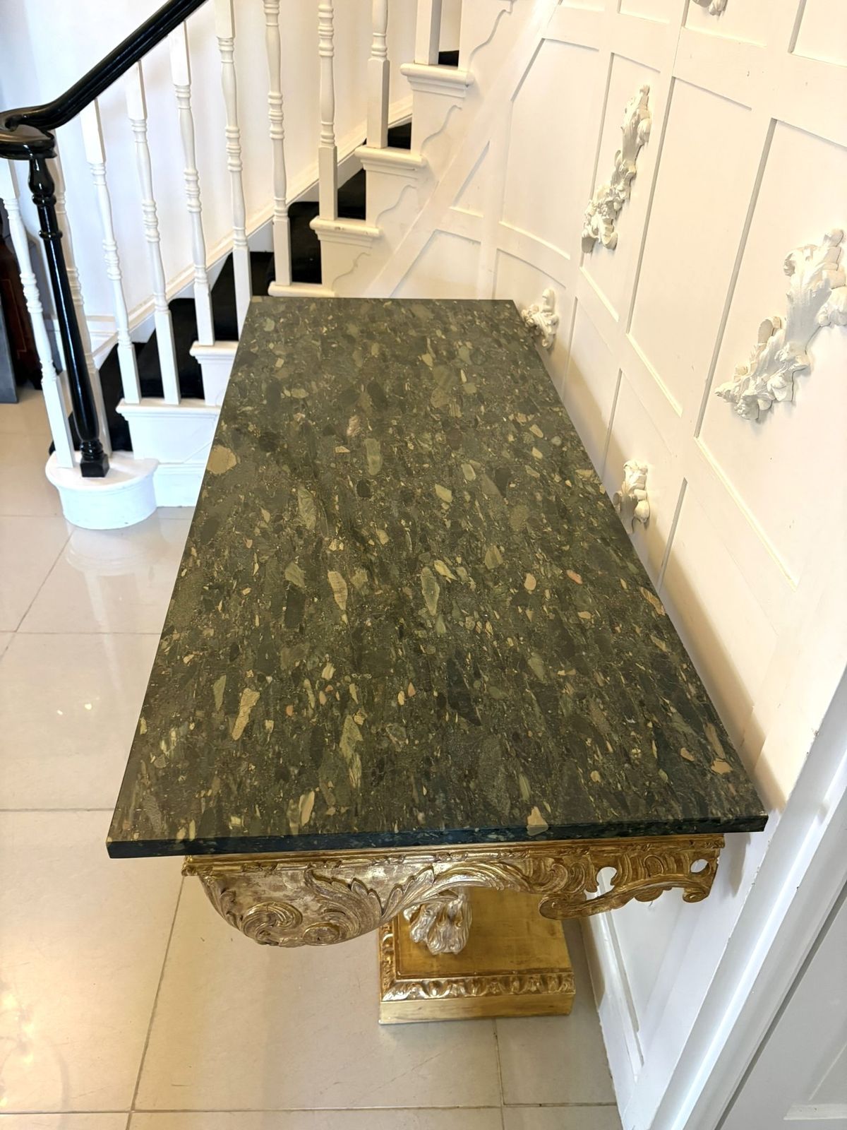 photo furniture Antique Pair Of Monumental Italian Baroque Revival Giltwood Console Tables With Breccia Marble Tops And Lion’s Paw Supports