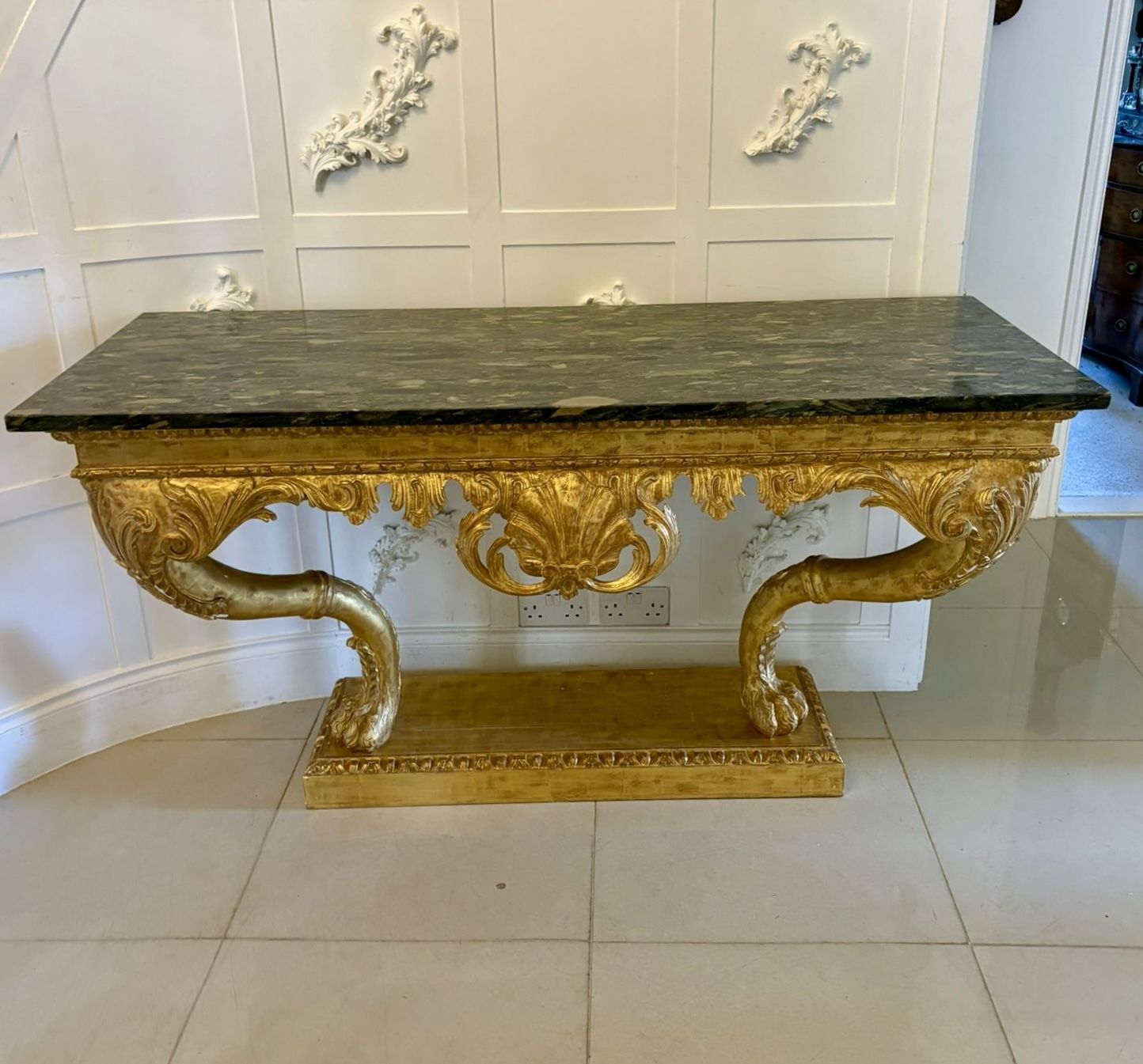 photo for sale Antique Pair Of Monumental Italian Baroque Revival Giltwood Console Tables With Breccia Marble Tops And Lion’s Paw Supports