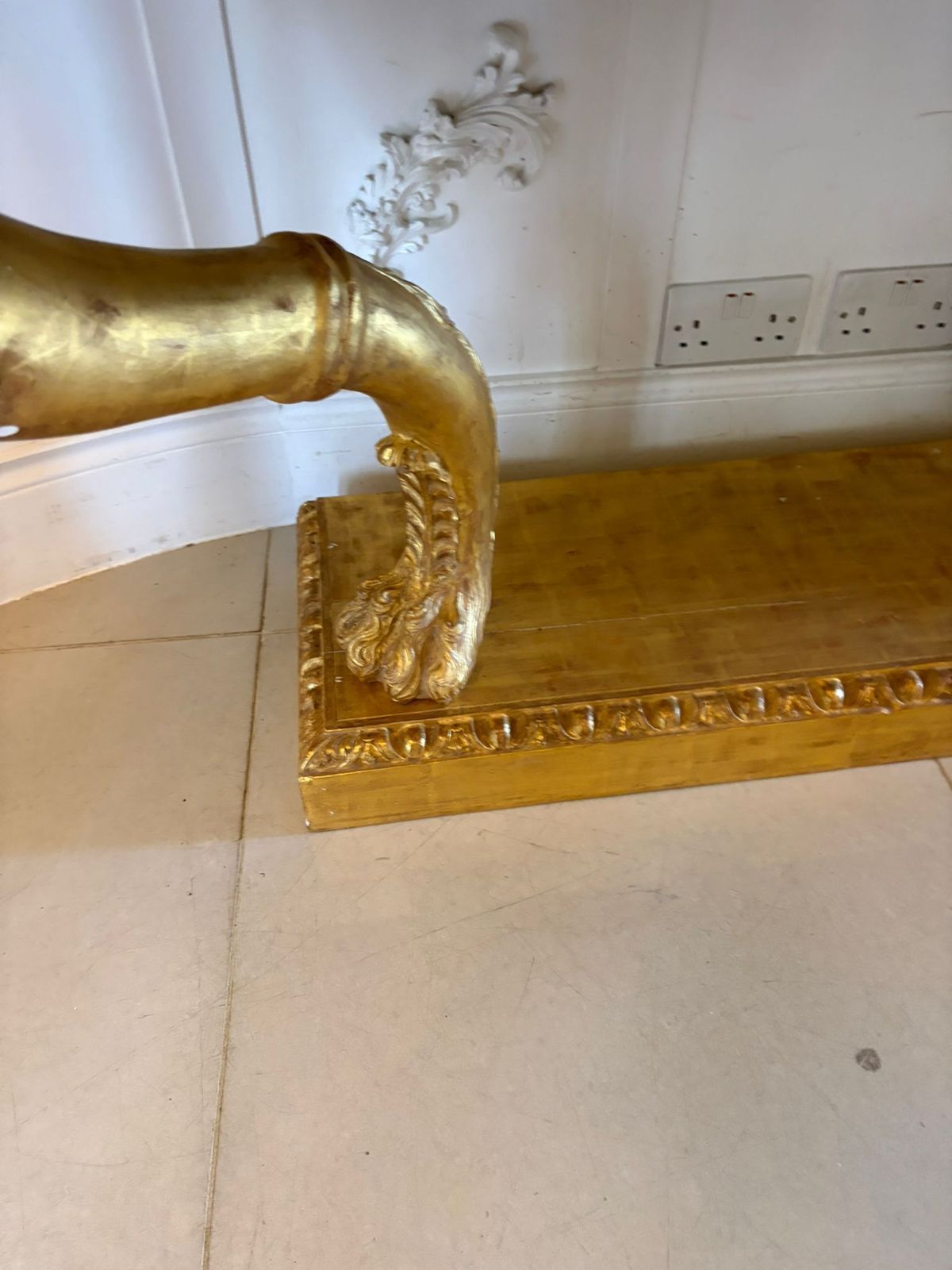 56500.0 Antique Pair Of Monumental Italian Baroque Revival Giltwood Console Tables With Breccia Marble Tops And Lion’s Paw Supports photo