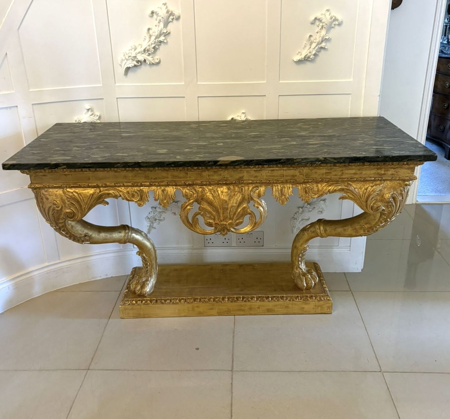 photo buy Antique Pair Of Monumental Italian Baroque Revival Giltwood Console Tables With Breccia Marble Tops And Lion’s Paw Supports