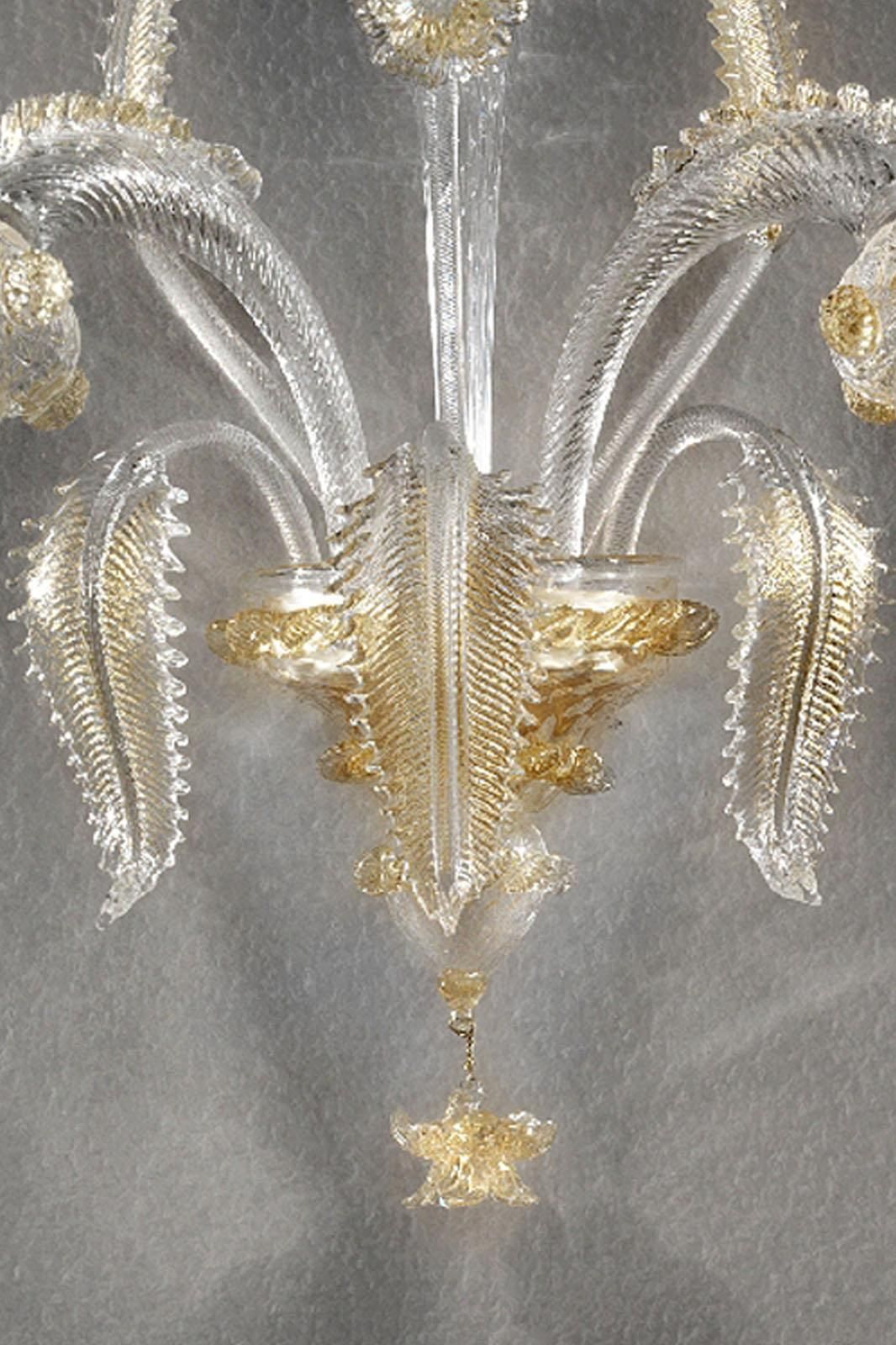 Luxury Italian Clear And Gold Leaf Wall Sconce R With Flowers And Leaves Murano Glass photo for sale